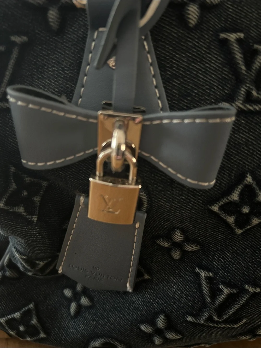Dark Blue Denim Monogram Satchel with Shoulder Strap.  Size 25